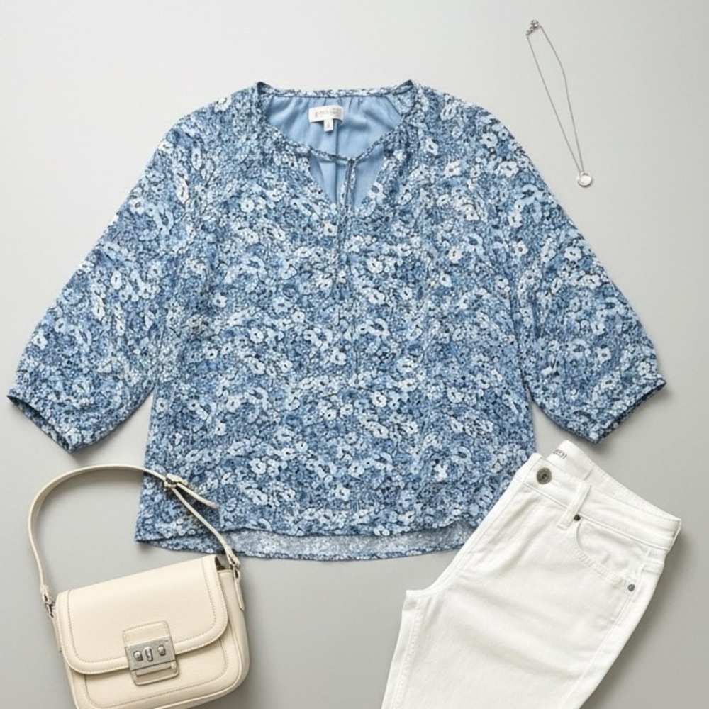 Philosophy Blue On Floral Tie-Neck Blouse (XL)